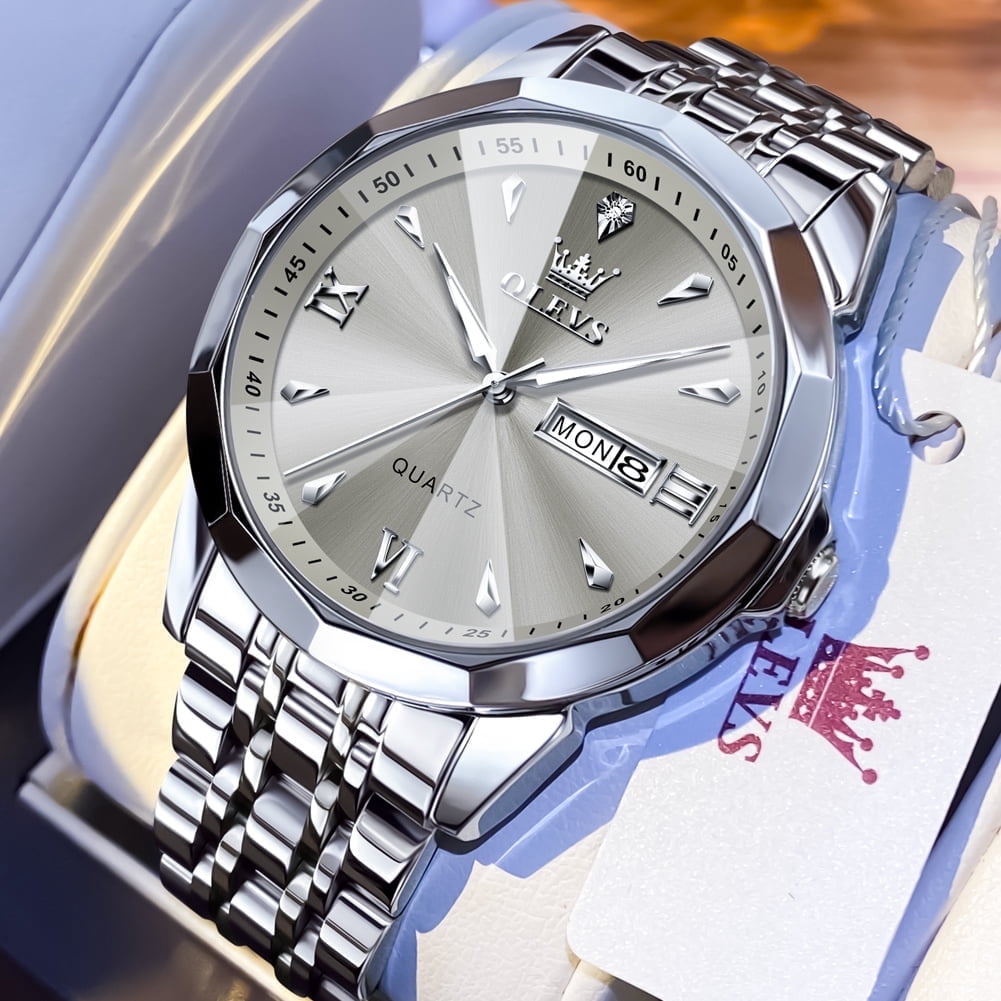 OLEVS Watches for Men Diamond Business Dress Classic Casual Analog Quartz Stainless Steel Waterproof Luminous Date Men Wrist Watches Reloj Para Hombre Gray Dial