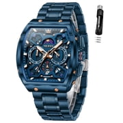 OLEVS Watches for Men Fashion Dress Analog Quartz Chronograph Casual Moon Phase Date Stainless Steel Waterproof 6-Hand Luminous Men Wrist Watches Reloj Para Hombre Black/Blue Dial