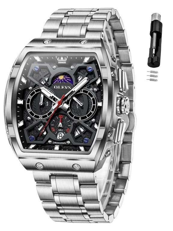 Watches for Men Fashion Dress Analog Quartz Chronograph Casual Moon Phase Date Stainless Steel Waterproof 6-Hand Luminous Men Wrist Watches Reloj Para Hombre Black/Blue Dial