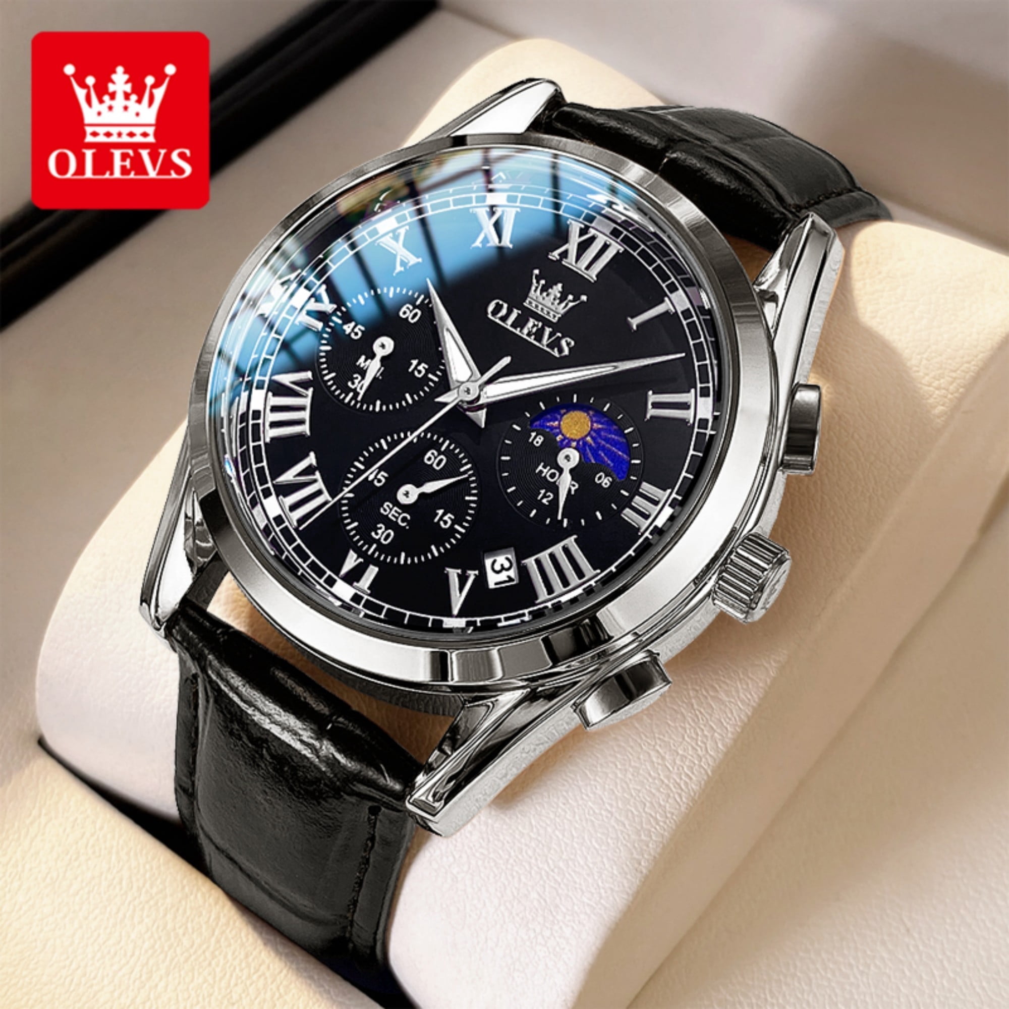 OLEVS Watches for Men Luxury Classic Business Sports Mens Watches with Chronograph Waterproof Luminous Analog Quartz Mens Leather Watch Reloj Para Hombre, Gifts for Men, Male Wristwatch