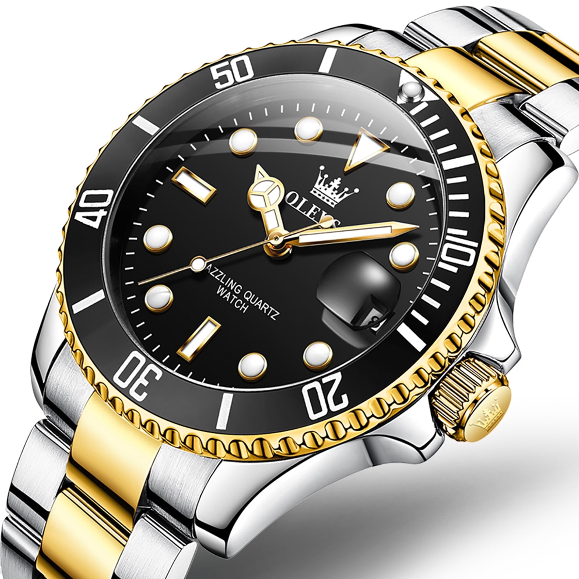 OLEVS Watches for Men Luxury Classic Dress Analog Quartz Fashion Two Tone Gold Plated Stainless Steel Date Waterproof Luminous Mens Wrist Watches Reloj Para Hombre Green/Black/Blue