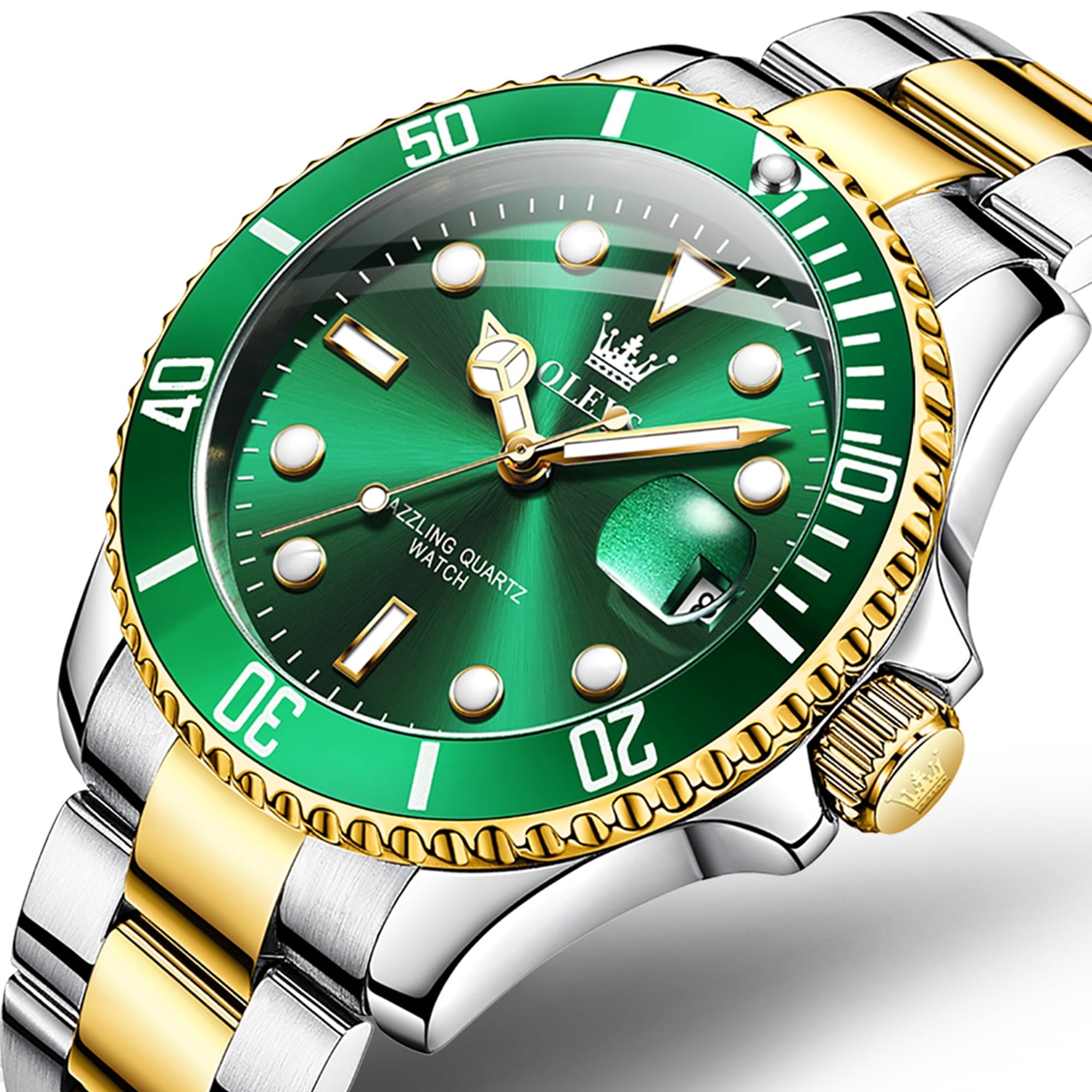 OLEVS Watches for Men Luxury Classic Dress Analog Quartz Fashion Two Tone Gold Plated Stainless Steel Date Waterproof Luminous Mens Wrist Watches Reloj Para Hombre Green/Black/Blue