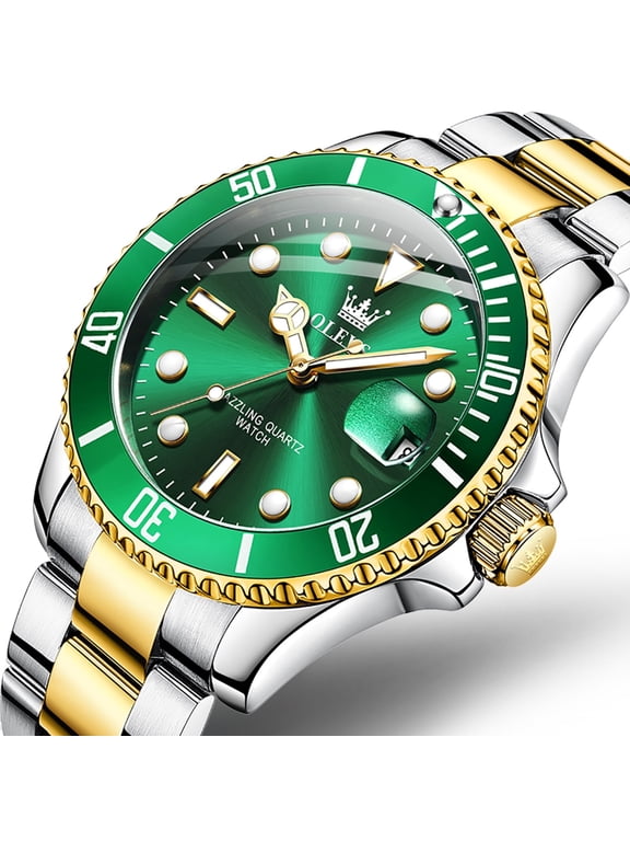 Watches for Men Luxury Classic Dress Analog Quartz Fashion Two Tone Gold Plated Stainless Steel Date Waterproof Luminous Mens Wrist Watches Reloj Para Hombre Green/Black/Blue