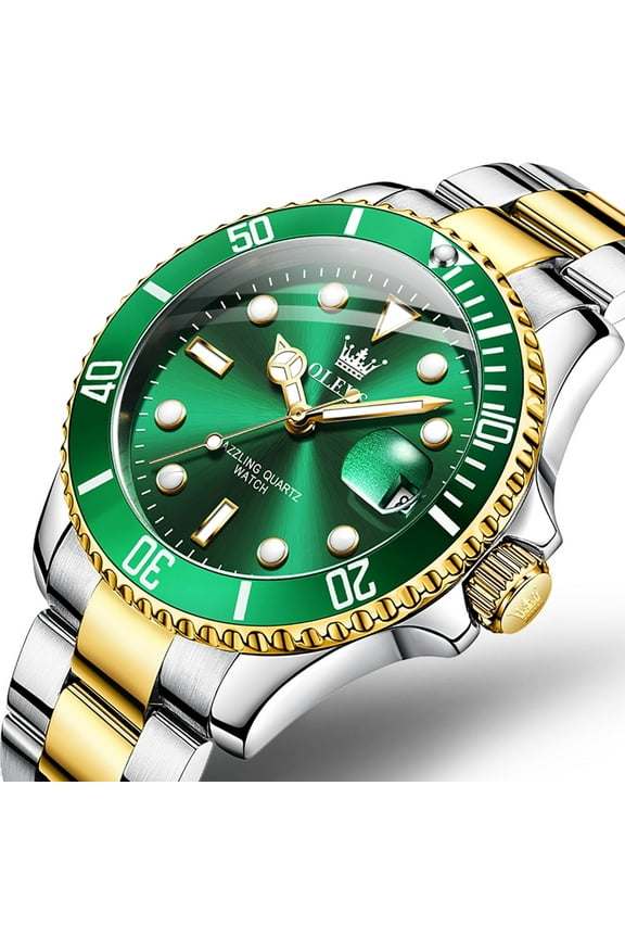 Watches for Men Luxury Classic Dress Analog Quartz Fashion Two Tone Gold Plated Stainless Steel Date Waterproof Luminous Mens Wrist Watches Reloj Para Hombre Green/Black/Blue