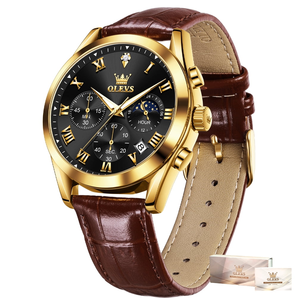 OLEVS Watches for Men Luxury Dress Analog Quartz PU leather WaterProof 6 Hands Multifunction Casual Luminous Fashion Date Moon Phase Easy Read Mens Wrist Watches Reloj Para Hombre