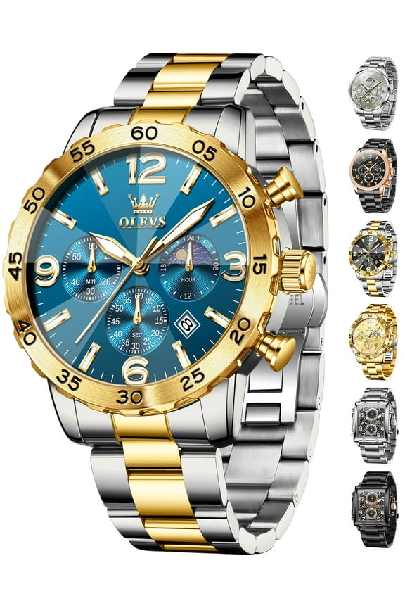 Watches for Men Luxury Dress Chronograph Analog Quartz Gold Plated Stainless Steel Moon Phase Waterproof Luminous Date Fashion Mens Wrist Watches Reloj Para Hombre