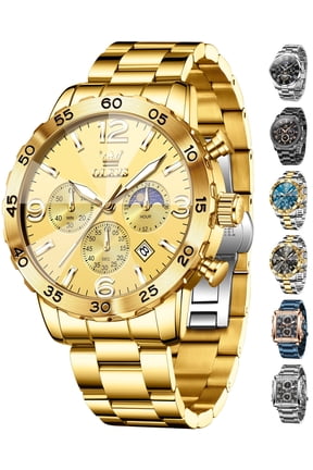 Watches for Men Luxury Dress Chronograph Analog Quartz Gold Plated Stainless Steel Moon Phase Waterproof Luminous Date Fashion Mens Wrist Watches Reloj Para Hombre