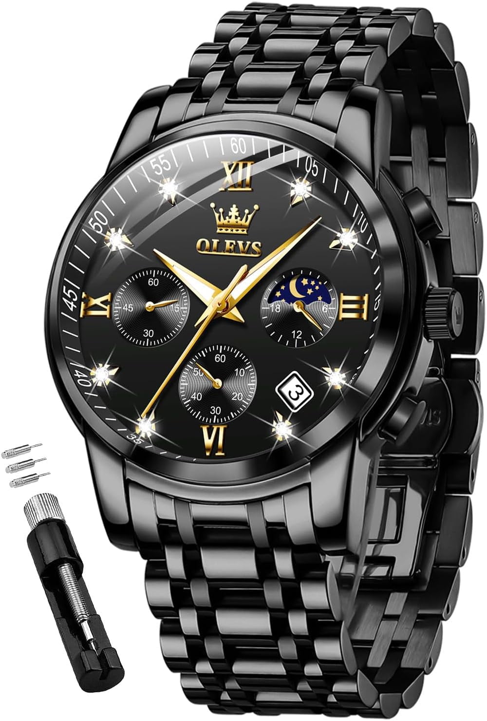 OLEVS Watches for Men, Mens Watches Gifts for Men Chronograph Analog Quartz Luxury Casual Classic Diamond Waterproof Luminous Stainless Steel Reloj para Hombre Black Dial