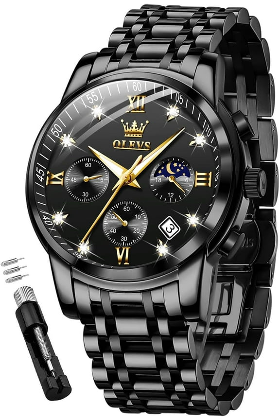 Watches for Men, Mens Watches Gifts for Men Chronograph Analog Quartz Luxury Casual Classic Diamond Waterproof Luminous Stainless Steel Reloj para Hombre Black Dial