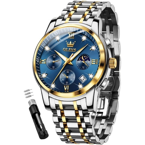 Watches for Men, Mens Watches Gifts for Men Chronograph Analog Quartz Luxury Casual Classic Diamond Waterproof Luminous Stainless Steel Reloj para Hombre Blue Dial
