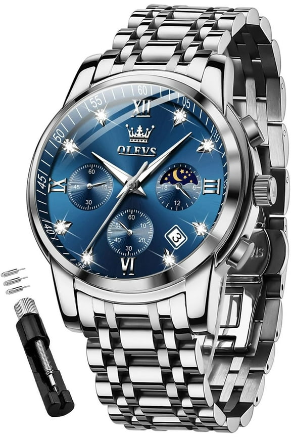 Watches for Men, Mens Watches Gifts for Men Chronograph Analog Quartz Luxury Casual Classic Diamond Waterproof Luminous Stainless Steel Reloj para Hombre Blue Dial