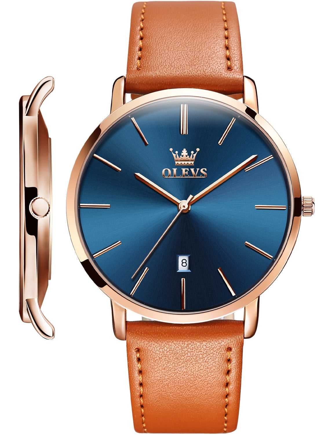 OLEVS Watches for Men Minimalist Ultra Thin Fashion Casual Analog Quartz Date Watch Waterproof Slim Simple Big Face Dress Mens Wrist Watches with Retro Leather Band for Men Reloj para Hombre