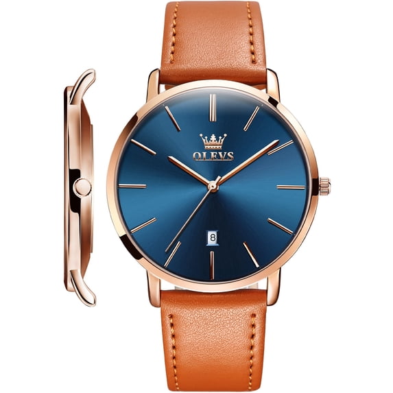 OLEVS Watches for Men Minimalist Ultra Thin Fashion Casual Analog Quartz Date Watch Waterproof Slim Simple Big Face Dress Mens Wrist Watches with Retro Leather Band for Men Reloj para Hombre