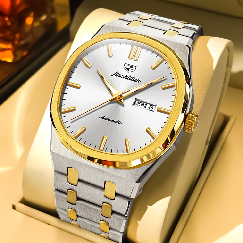 JSDUN Automatic Watches for Men Self Winding Mechanical Multi Calendar Luminous Fashion Dress Luxury Style Stainless Steel Reloj Para Hombre Golden White Dial