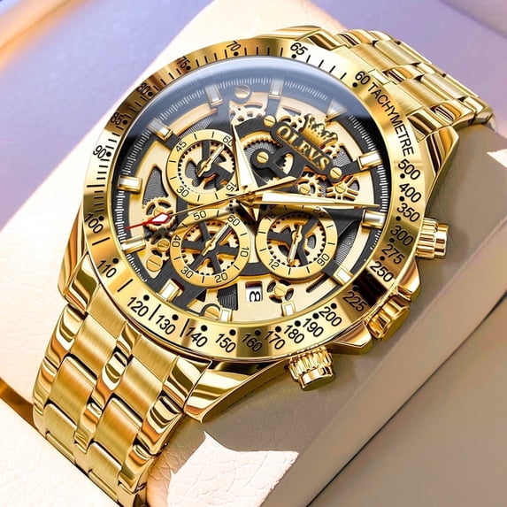 OLEVS Watches for Men Waterproof Luxury Dress Analog Quartz Chronograph Fashion Gold Plated Stainless Steel Luminous Date Classic Mens Wrist Watches Reloj Para Hombre White/Black Dial