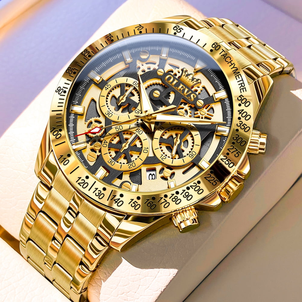 OLEVS Watches for Men Waterproof Luxury Dress Analog Quartz Chronograph Fashion Gold Plated Stainless Steel Luminous Date Classic Mens Wrist Watches Reloj Para Hombre Gold/White/Black Dial