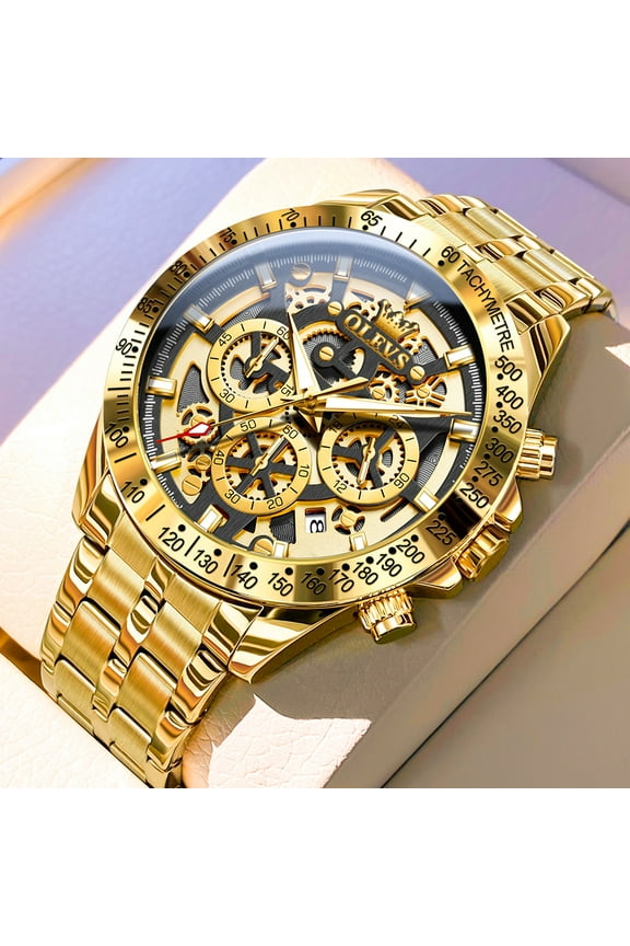 Watches for Men Waterproof Luxury Dress Analog Quartz Chronograph Fashion Gold Plated Stainless Steel Luminous Date Classic Mens Wrist Watches Reloj Para Hombre Gold/White/Black Dial