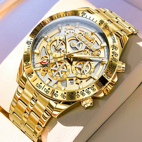 OLEVS Watches for Men Waterproof Luxury Dress Analog Quartz Chronograph Fashion Gold Plated Stainless Steel Luminous Date Classic Mens Wrist Watches Reloj Para Hombre Gold/White/Black Dial