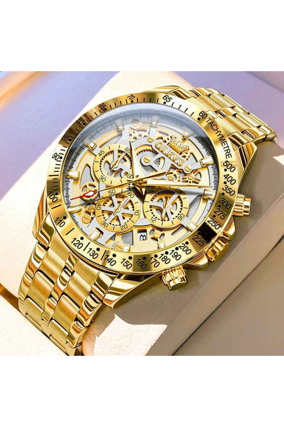 Watches for Men Waterproof Luxury Dress Analog Quartz Chronograph Fashion Gold Plated Stainless Steel Luminous Date Classic Mens Wrist Watches Reloj Para Hombre Gold/White/Black Dial