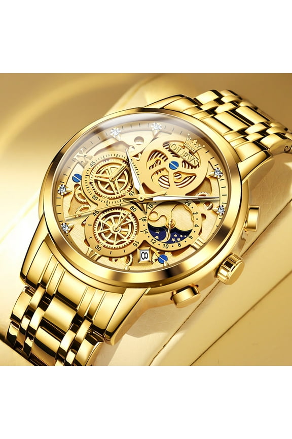 Watches for Men Waterproof Luxury Dress Analog Quartz Chronograph Fashion Gold Plated Stainless Steel Moon Phase Luminous Date Classic Mens Wrist Watches Reloj Para Hombre