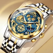 OLEVS Watches for Men Waterproof Luxury Dress Analog Quartz Chronograph Fashion Gold Plated Stainless Steel Moon Phase Luminous Date Classic Mens Wrist Watches Reloj Para Hombre