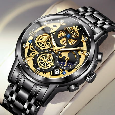 OLEVS Watches for Men Waterproof Luxury Dress Analog Quartz Chronograph Fashion Gold Plated Stainless Steel Moon Phase Luminous Date Classic Mens Wrist Watches Reloj Para Hombre