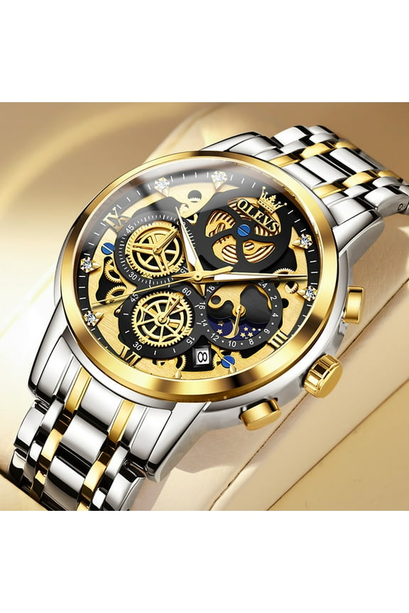 Watches for Men Waterproof Luxury Dress Analog Quartz Chronograph Fashion Gold Plated Stainless Steel Moon Phase Luminous Date Classic Mens Wrist Watches Reloj Para Hombre