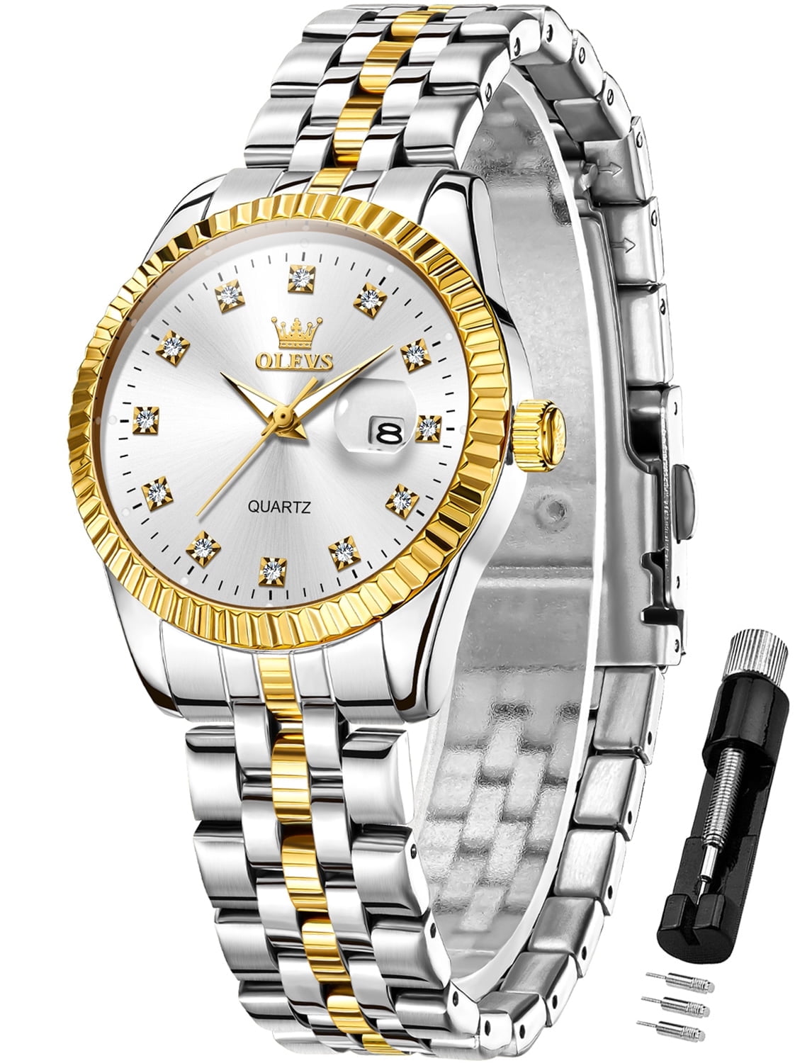 OLEVS Watches for Women Diamond with Date Luxury Female Waterproof Women Wrist Watch Analog Dress Quartz Stainless Steel Ladies Watch Luminous Calendar Women Watch Reloj para Mujer