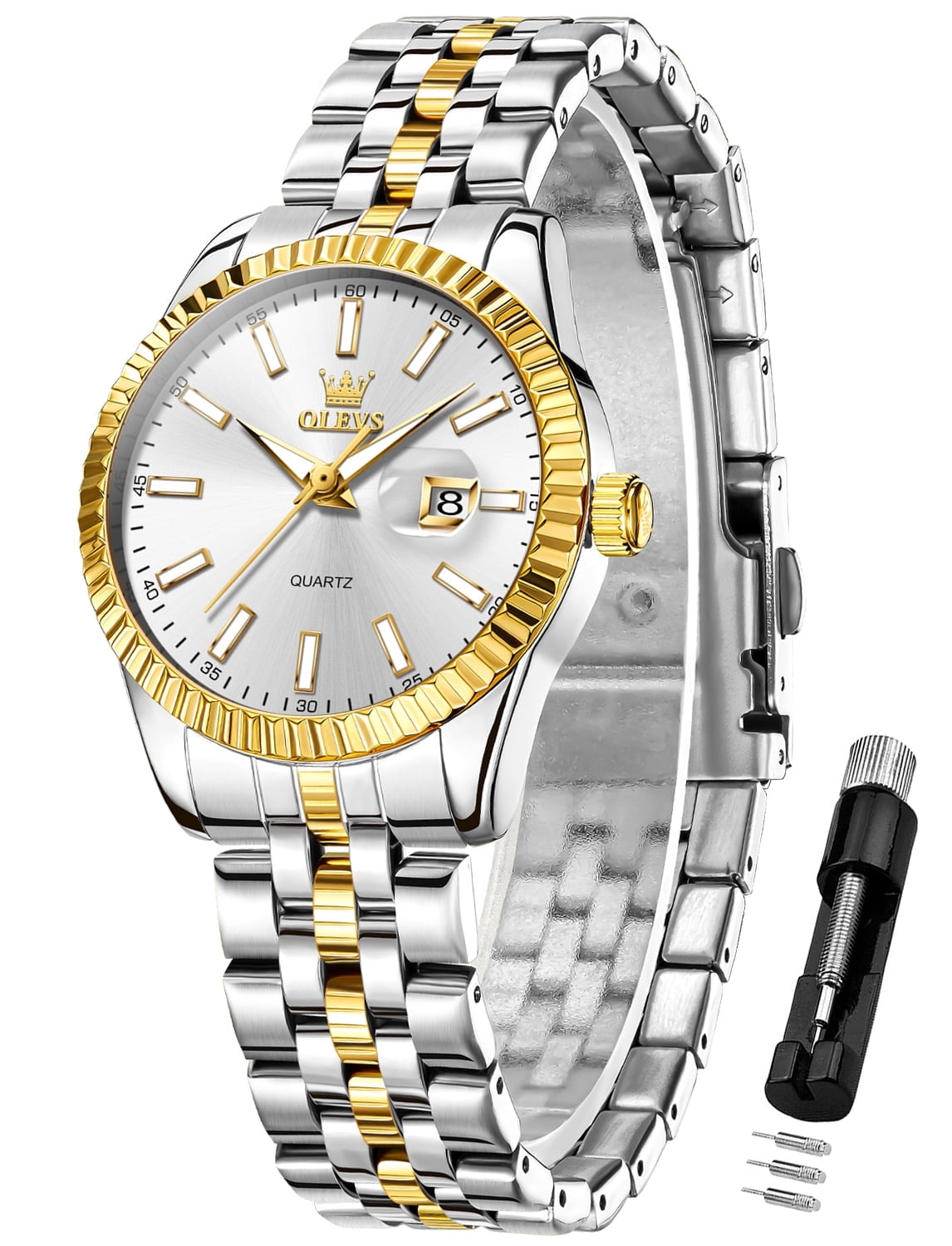 Gold Black White Dial Stainless Steel Quartz Date Day Watch Women Waterproof Gold Black White Dial Stainless Steel Quartz Date Day Watch  main image 2