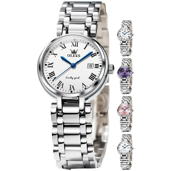 OLEVS Watches for Womens Analog Quartz Silver Strap Fashions Classic Dress Stainless Steel Date Waterproof Casual Ladies Watches Gift Womens Wrist Watches Reloj Para Mujer White/Pink/Purple
