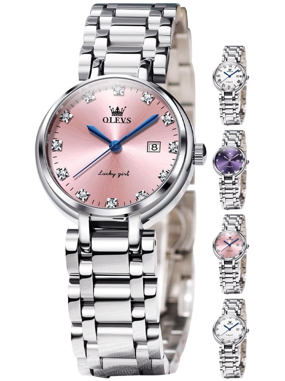 Watches for Womens Analog Quartz Silver Strap Fashions Classic Dress Stainless Steel Date Waterproof Casual Ladies Watches Gift Womens Wrist Watches Reloj Para Mujer White/Pink/Purple