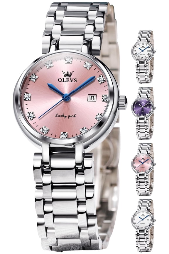 Watches for Womens Analog Quartz Silver Strap Fashions Classic Dress Stainless Steel Date Waterproof Casual Ladies Watches Gift Womens Wrist Watches Reloj Para Mujer White/Pink/Purple