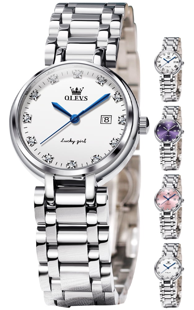 OLEVS Watches for Womens Analog Quartz Silver Strap Fashions Classic Dress Stainless Steel Date Waterproof Casual Ladies Watches Gift Womens Wrist Watches Reloj Para Mujer White/Pink/Purple