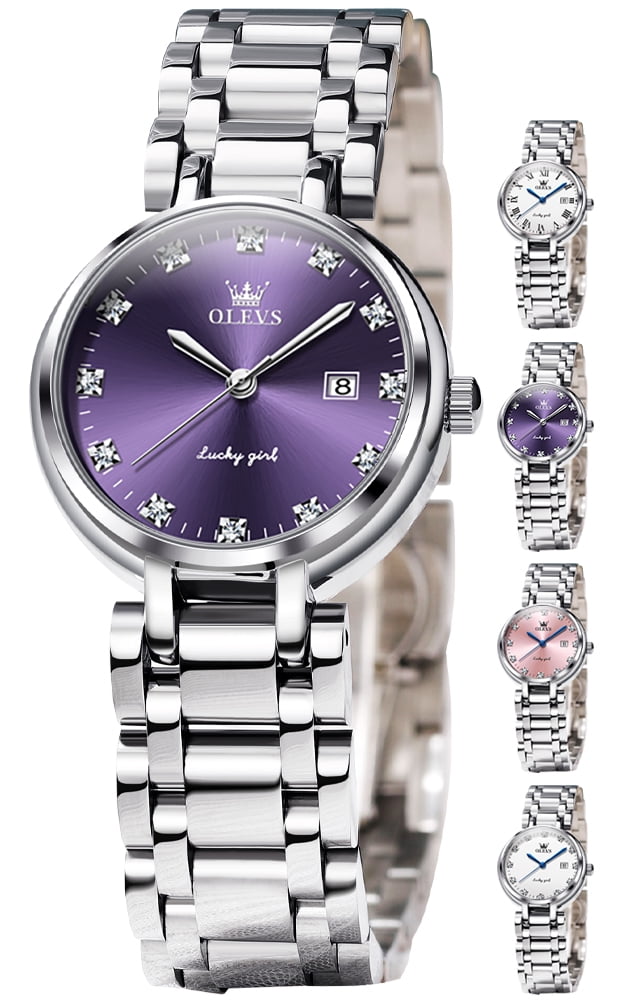 OLEVS Watches for Womens Analog Quartz Silver Strap Fashions Classic Dress Stainless Steel Date Waterproof Casual Ladies Watches Gift Womens Wrist Watches Reloj Para Mujer White/Pink/Purple
