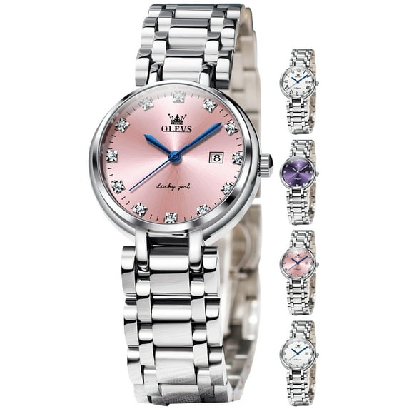 OLEVS Watches for Womens Analog Quartz Silver Strap Fashions Classic Dress Stainless Steel Date Waterproof Casual Ladies Watches Gift Womens Wrist Watches Reloj Para Mujer White/Pink/Purple
