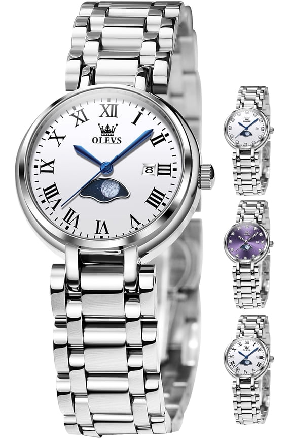 Watches for Womens Analog Quartz Silver Strap Fashions Classic Dress Stainless Steel Moon Phase Date Waterproof Ladies Watches Gift Reloj Para Mujer