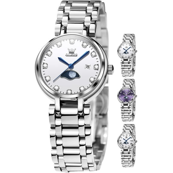 OLEVS Watches for Womens Analog Quartz Silver Strap Fashions Classic Dress Stainless Steel Moon Phase Date Waterproof Ladies Watches Gift Reloj Para Mujer