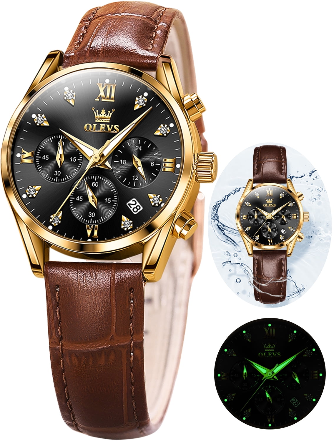 OLEVS Watches for Womens Brown Leather Strap Analog Quartz Rose Gold Fashion Casual Dress Multifunction Chronograph Diamond Date Waterproof Luminous Ladies Watches Relojes para Mujer