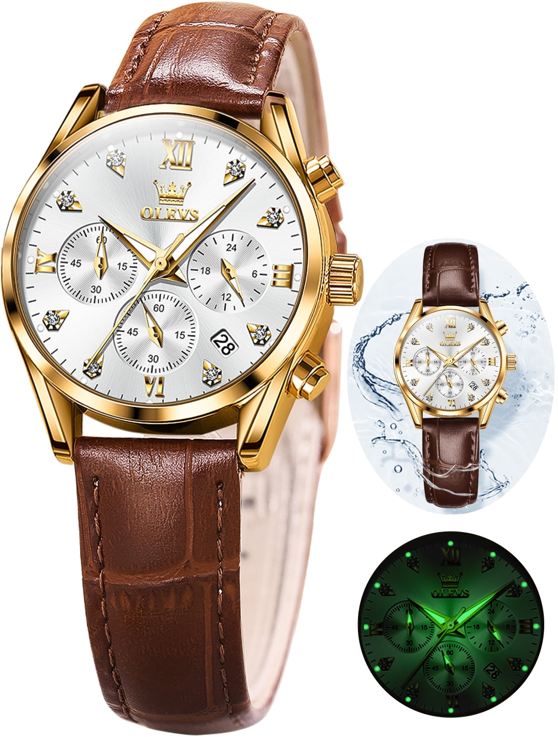 OLEVS Watches for Womens Brown Leather Strap Analog Quartz Rose Gold Fashion Casual Dress Multifunction Chronograph Diamond Date Waterproof Luminous Ladies Watches Relojes para Mujer