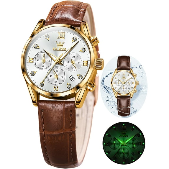 OLEVS Watches for Womens Brown Leather Strap Analog Quartz Rose Gold Fashion Casual Dress Multifunction Chronograph Diamond Date Waterproof Luminous Ladies Watches Relojes para Mujer