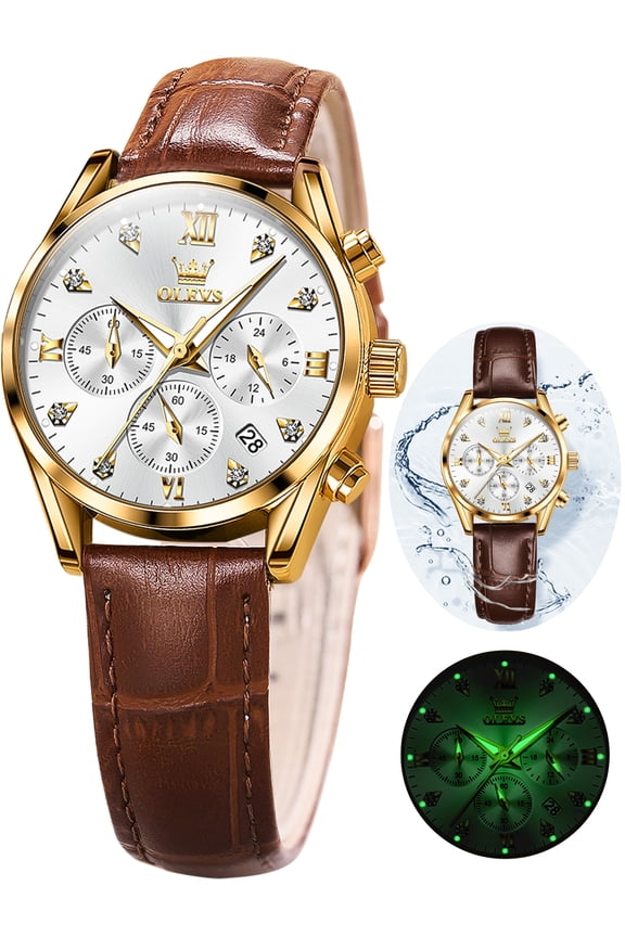 Watches for Womens Brown Leather Strap Analog Quartz Rose Gold Fashion Casual Dress Multifunction Chronograph Diamond Date Waterproof Luminous Ladies Watches Relojes para Mujer