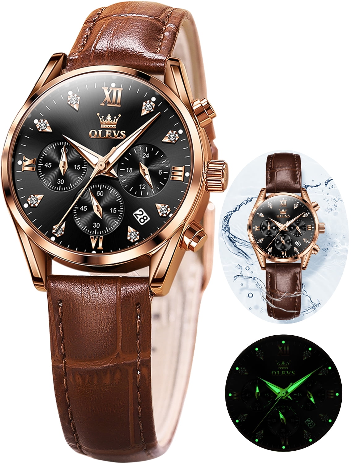 OLEVS Watches for Womens Brown Leather Strap Analog Quartz Rose Gold Fashion Casual Dress Multifunction Chronograph Diamond Date Waterproof Luminous Ladies Watches Relojes para Mujer