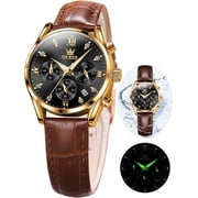 OLEVS Watches for Womens Brown Leather Strap Analog Quartz Rose Gold-Plated Fashion Casual Dress Multifunction Chronograph Diamond Date Waterproof Luminous Ladies Watches Relojes para Mujer