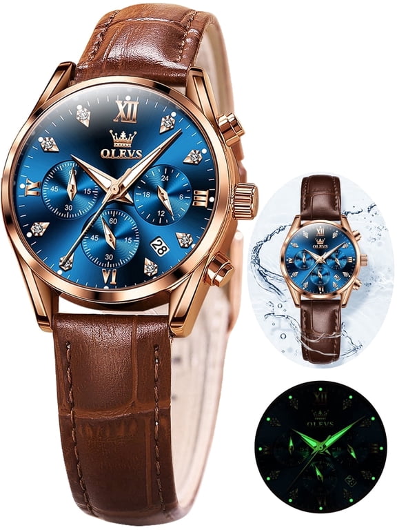 Watches for Womens Brown Leather Strap Analog Quartz Rose Gold-Plated Fashion Casual Dress Multifunction Chronograph Diamond Date Waterproof Luminous Ladies Watches Relojes para Mujer