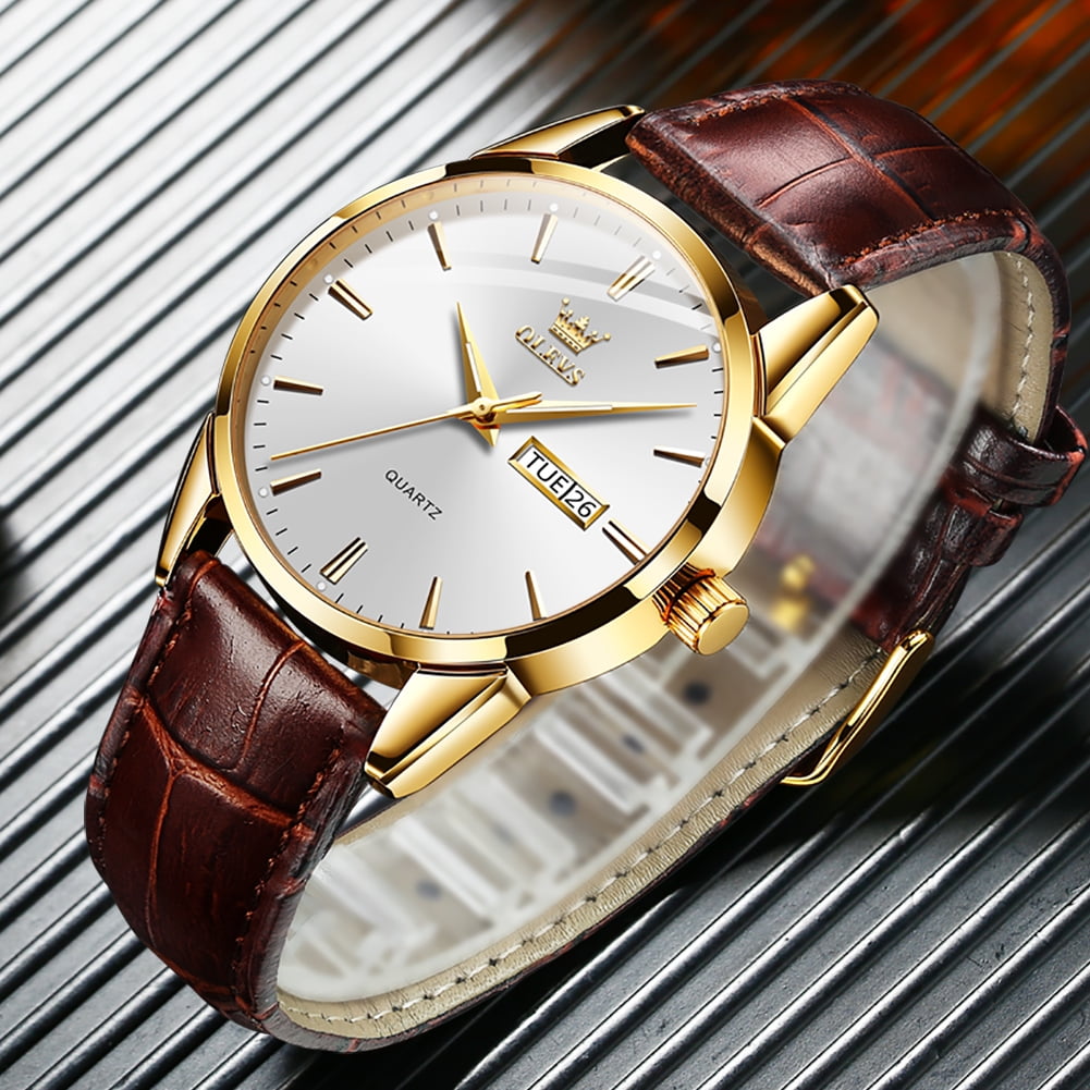 OLEVS Watches for Men Brown Leather Gold Case Analog Liberia Ubuy