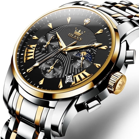 OLEVS Watches for Men, Mens Watches Quartz Plated Gold Stainless Steel Waterproof Luminous Business Calendar Wrist Watch reloj para hombre Black Dial