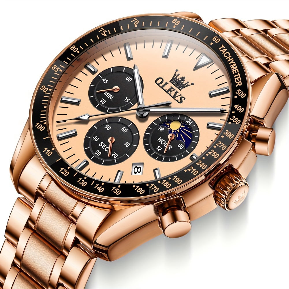 OLEVS Watches for Men, Mens Watches Quartz Gold Stainless Steel Waterproof Luminous Business Calendar Wrist Watch reloj para hombre Blue Dial