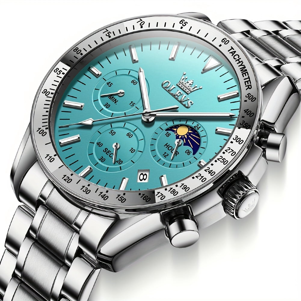 OLEVS Watches for Men, Mens Watches Quartz Gold Stainless Steel Waterproof Luminous Business Calendar Wrist Watch reloj para hombre Blue Dial