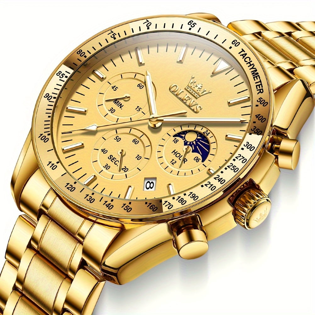 OLEVS Watches for Men, Mens Watches Quartz Gold Stainless Steel Waterproof Luminous Business Calendar Wrist Watch reloj para hombre Blue Dial