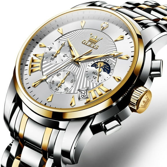 OLEVS Watches for Men, Mens Watches Quartz Gold Stainless Steel Waterproof Luminous Business Calendar Wrist Watch reloj para hombre White Dial